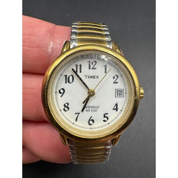 Timex Indiglo WR 30M Two Tone Quartz Ladies Watch White Dial Expansion Band - Picture 1 of 9